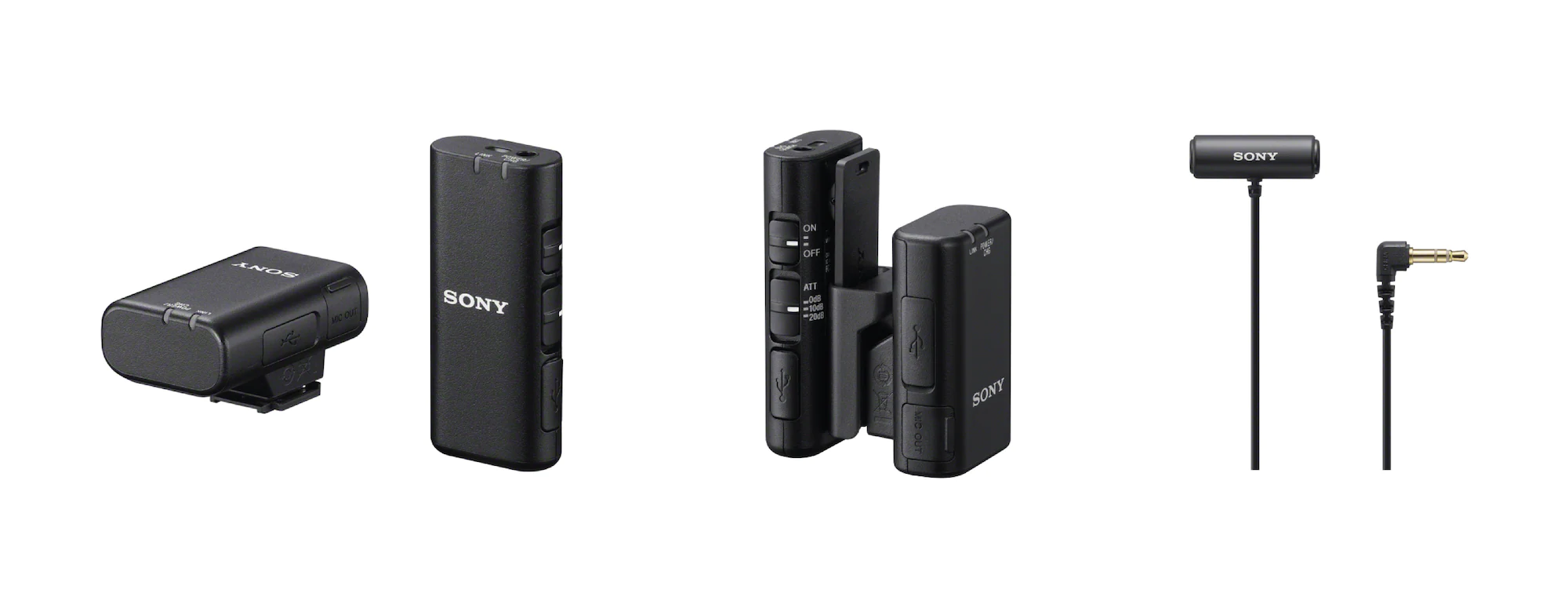 (Left to right) ECM-W2BT, ECM-W2BT with mic and receiver holder, ECM-LV1