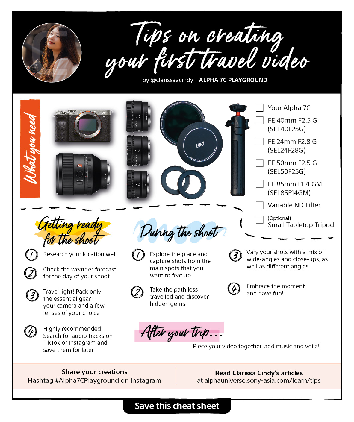 Clarissa Cindy's cheat sheet - Shooting Your First Travel Video